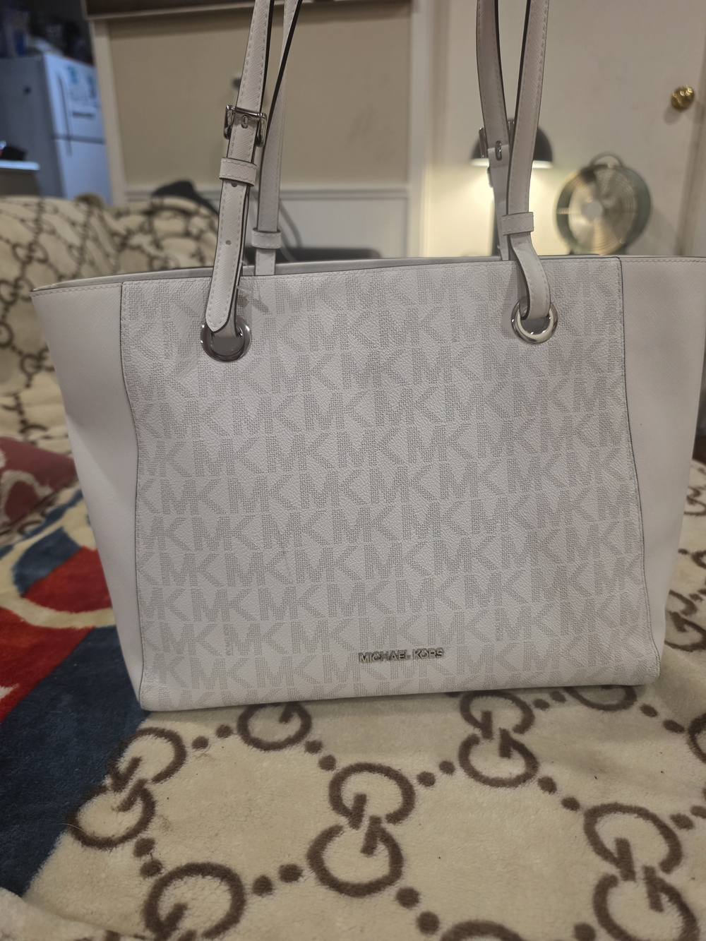 Michael Kors White Monogram Tote with Silver Hardware